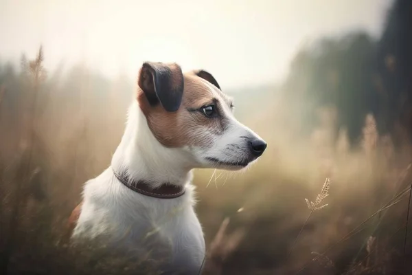 a brown and white dog standing in a field of tall grass.