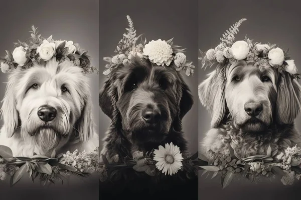 three different pictures of a dog with flowers in their hair.