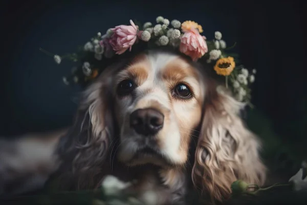 a dog with a flower crown on its head looking at the camera.
