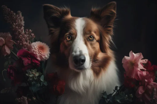 a dog with flowers around it\'s neck looking at the camera.