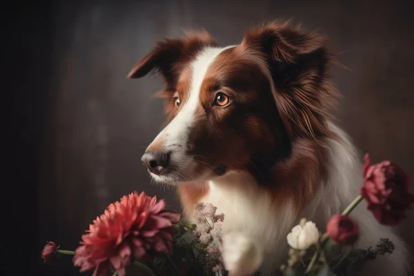 a brown and white dog with flowers in front of it.