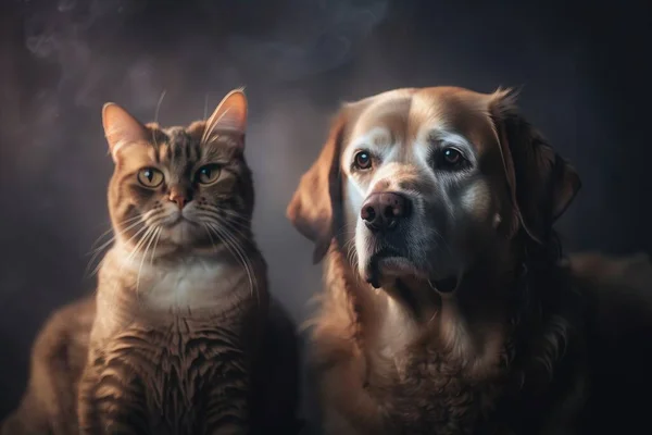 a cat and a dog sitting side by side in front of a dark background.