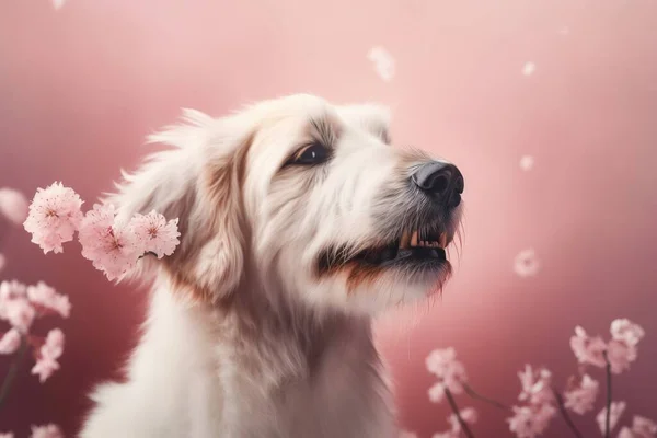 a white dog with a pink flower in its mouth and a pink background.