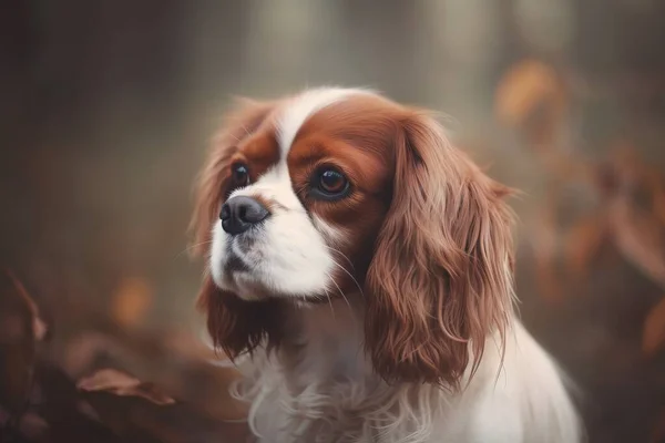 a brown and white dog with a sad look on its face.