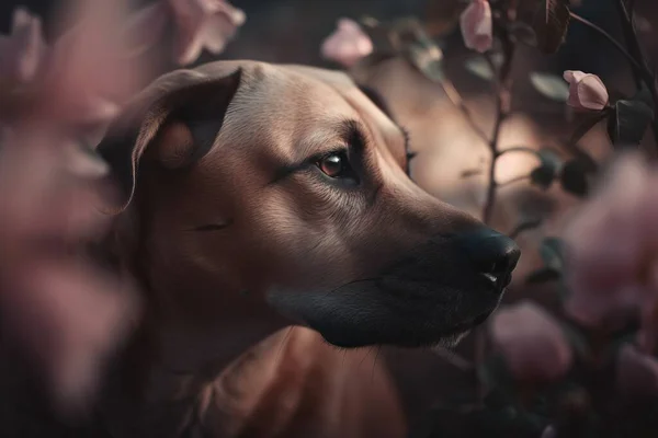 a close up of a dog with flowers in the background.
