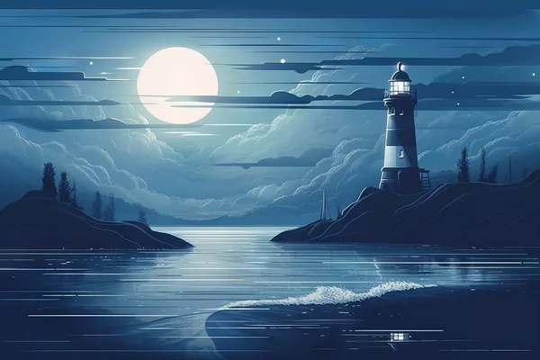 a painting of a lighthouse in the middle of the night.
