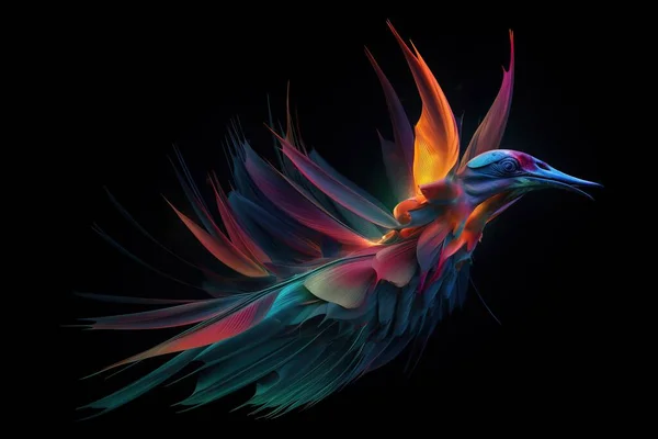a colorful bird flying through the air on a black background.