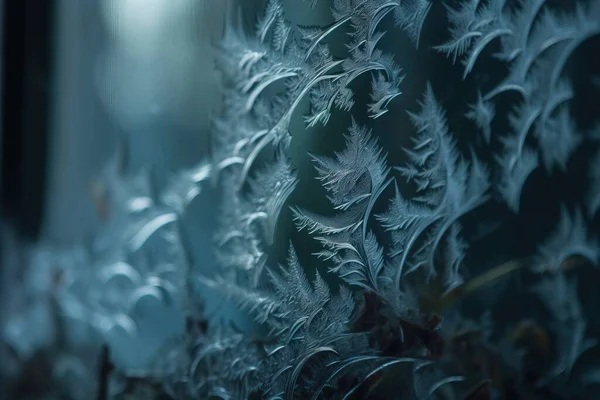 a close up of a frosted window with a blurry background.