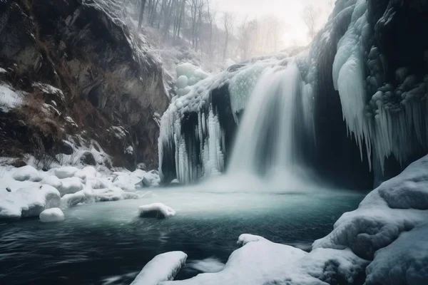 a frozen waterfall with ice hanging off of it\'s sides.