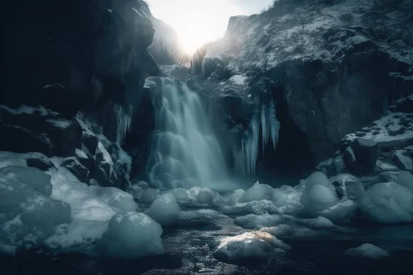 a waterfall with ice and snow on the ground and water running down it.