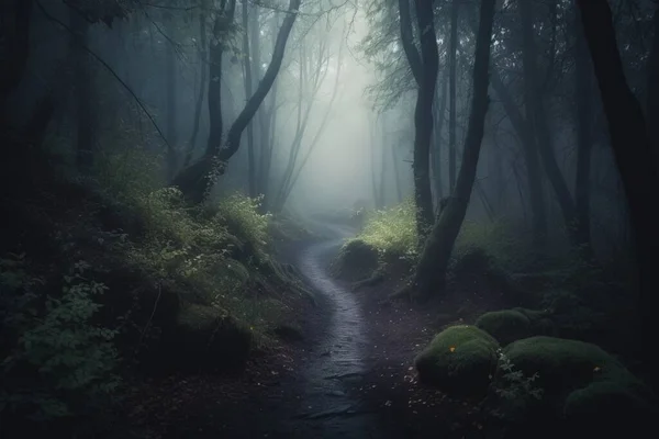 a dark forest with a path leading through the woods and fog.