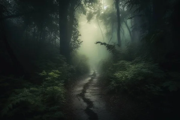 a path in the middle of a dark forest with fog.