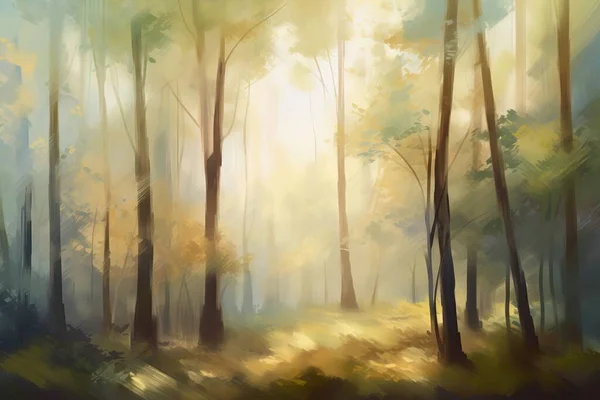a painting of a forest with trees and sun shining through the trees.