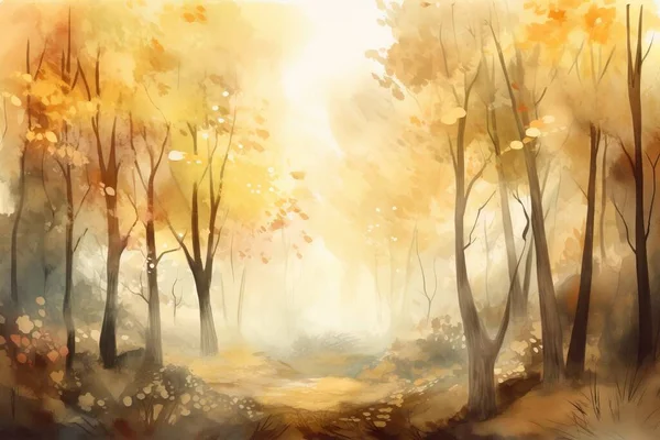 a painting of a path through a forest with trees and leaves.