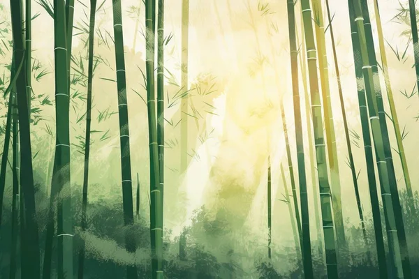 a painting of a bamboo forest with the sun shining through the trees.
