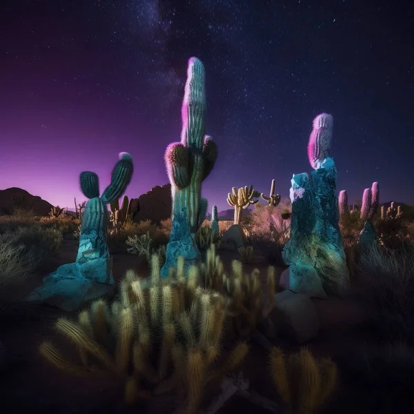 a night time scene of a desert with cacti.