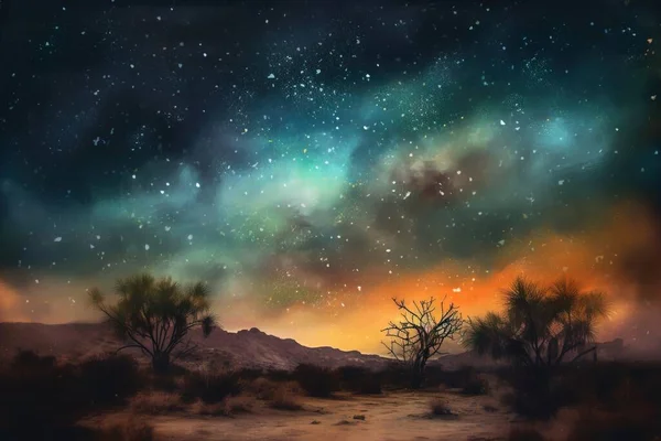 a painting of a night sky with stars above a desert landscape.