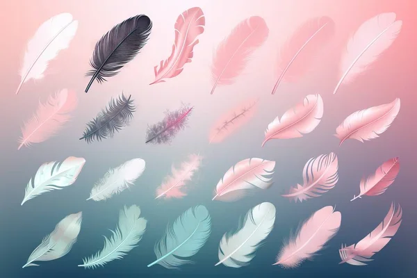 a bunch of different colored feathers on a pink and blue background.