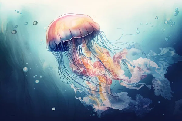 a jellyfish floating in the water with bubbles of water around it.
