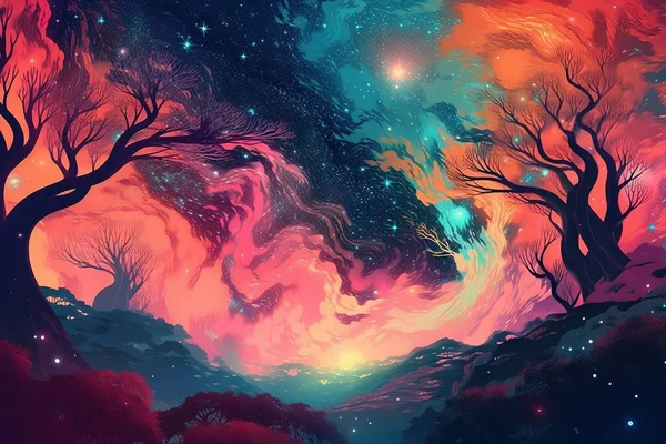 a painting of a colorful sky with trees and stars in it.