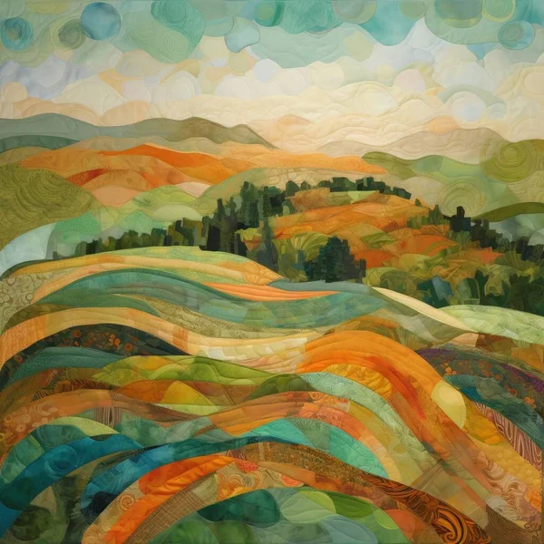 a painting of a colorful landscape with hills and trees in the background.