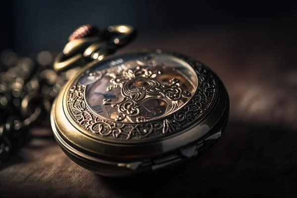 a close up of a pocket watch with a chain on a table.