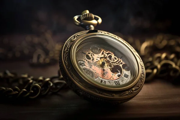 a close up of a pocket watch with a chain around it.