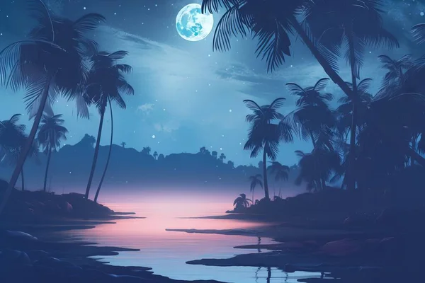 a night scene with palm trees and a full moon in the sky.