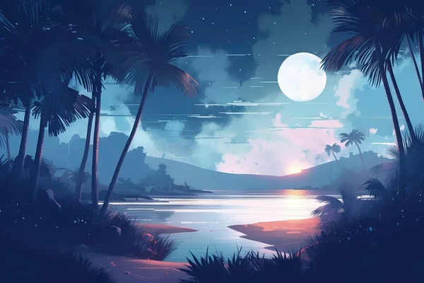 a night scene with palm trees and the moon in the sky.