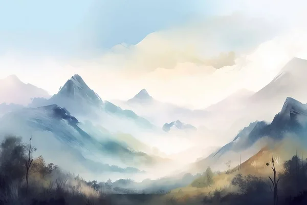 a painting of a mountain range with fog in the air.