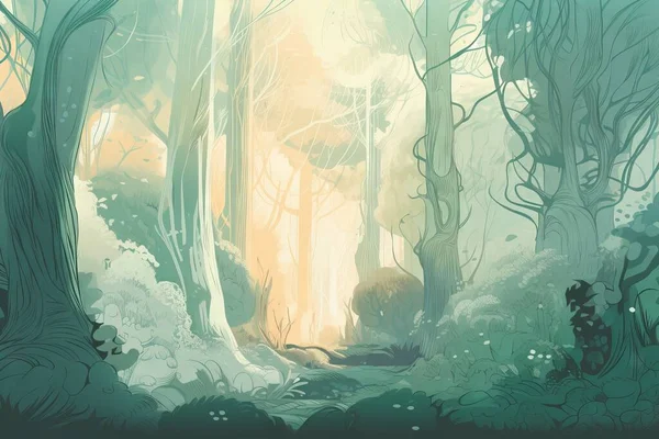a digital painting of a forest with trees and a path.