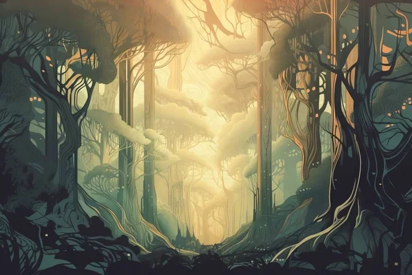 a digital painting of a forest with trees and a sun.