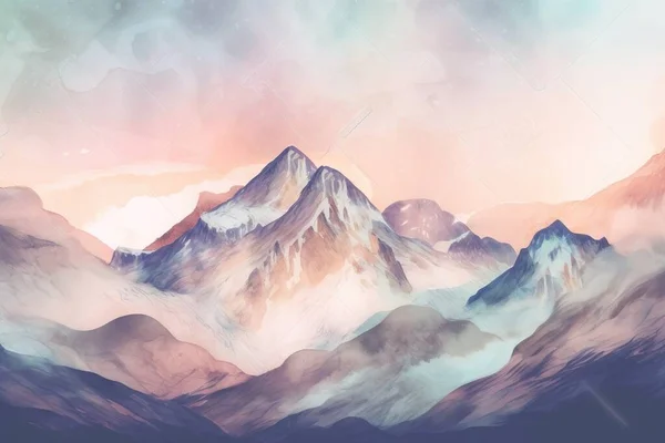 a painting of a mountain range with a pink sky in the background.
