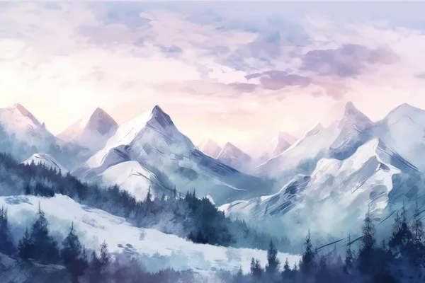 a painting of a snowy mountain range with pine trees in the foreground.