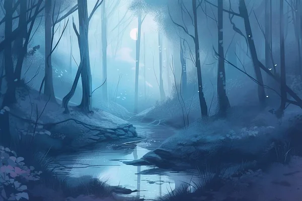 a painting of a forest with a stream running through it.