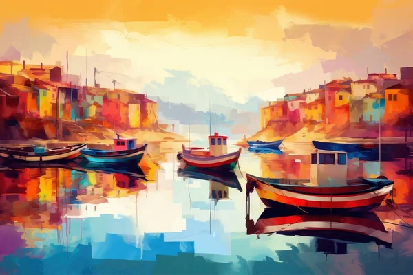 a painting of boats in a harbor with buildings in the background.