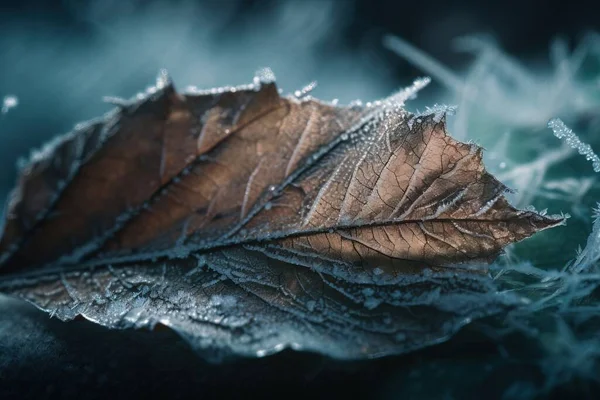 a close up of a leaf with frost on it\'s leaves.
