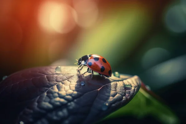 a lady bug sitting on top of a leaf on top of a green leaf.