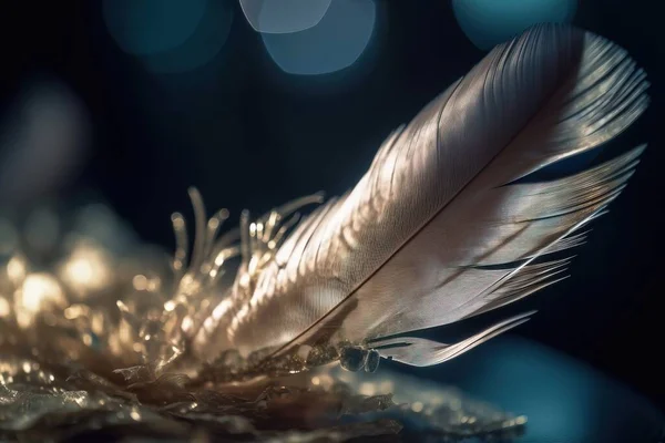 a close up of a feather on a table with a blurry background.