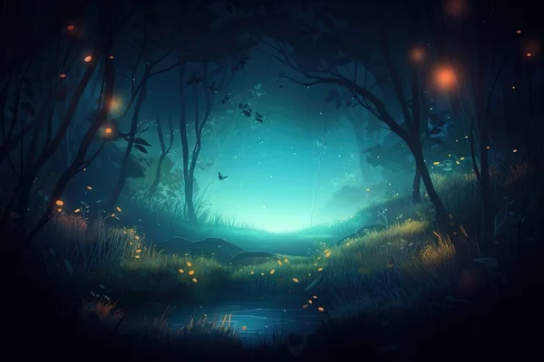 a painting of a dark forest with a pond and fireflies.