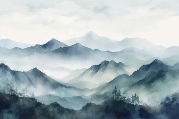 a painting of a mountain range with trees in the foreground.