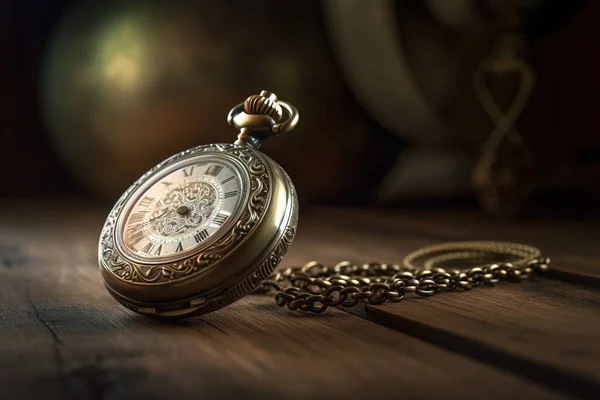 a gold pocket watch sitting on a wooden table next to a chain.