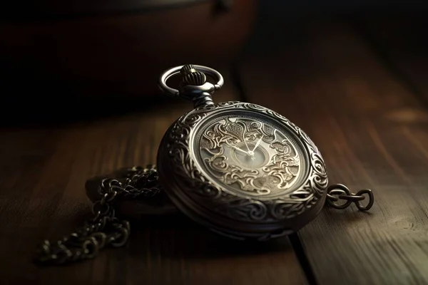 a silver pocket watch sitting on top of a wooden table.