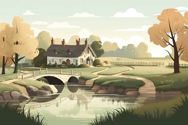 a painting of a house by a river with a bridge.