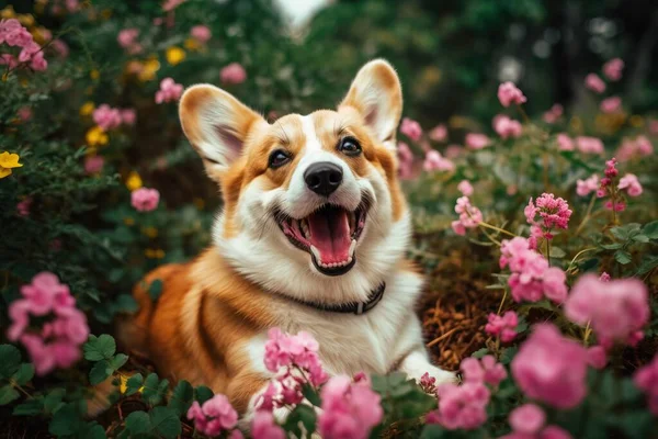 Dog Laying Field Flowers Its Mouth Open Stock Photo