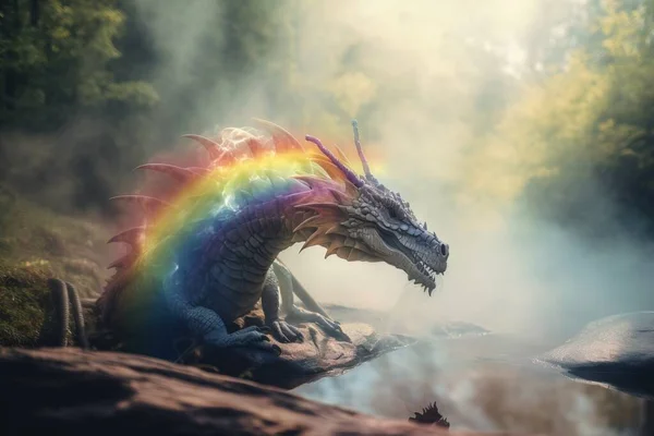 a rainbow colored dragon sitting on a rock next to a river.