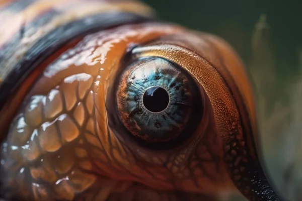 a close up of an animal\'s eye with a blurry background.