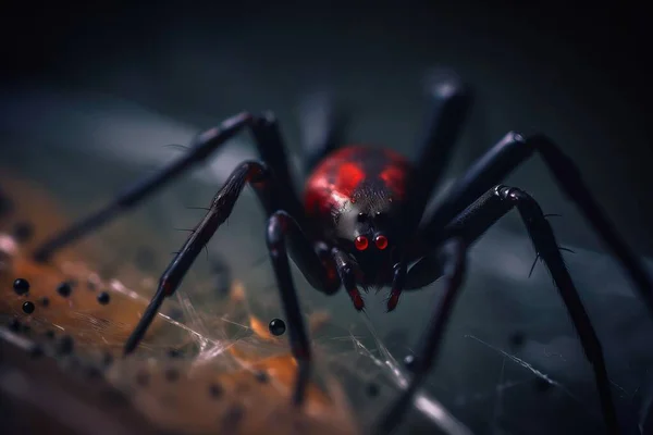 a close up of a spider with red eyes on it's face.