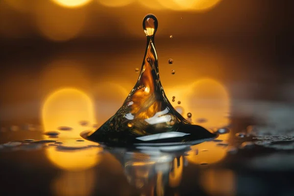 a drop of water that is falling into the water with lights in the background.