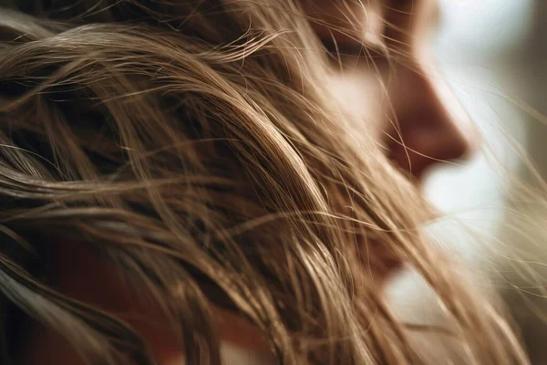 a close up of a woman\'s face with hair blowing in the wind.